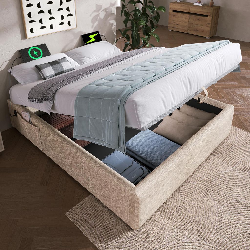 Polsterbett 160x200 cm Stauraumbett mit USB/USB-C Ladefunktion, Leinen-Bettgestell ohne Kopfteil, Massivholz-Bodenplatte, Natürlich, Platzsparend