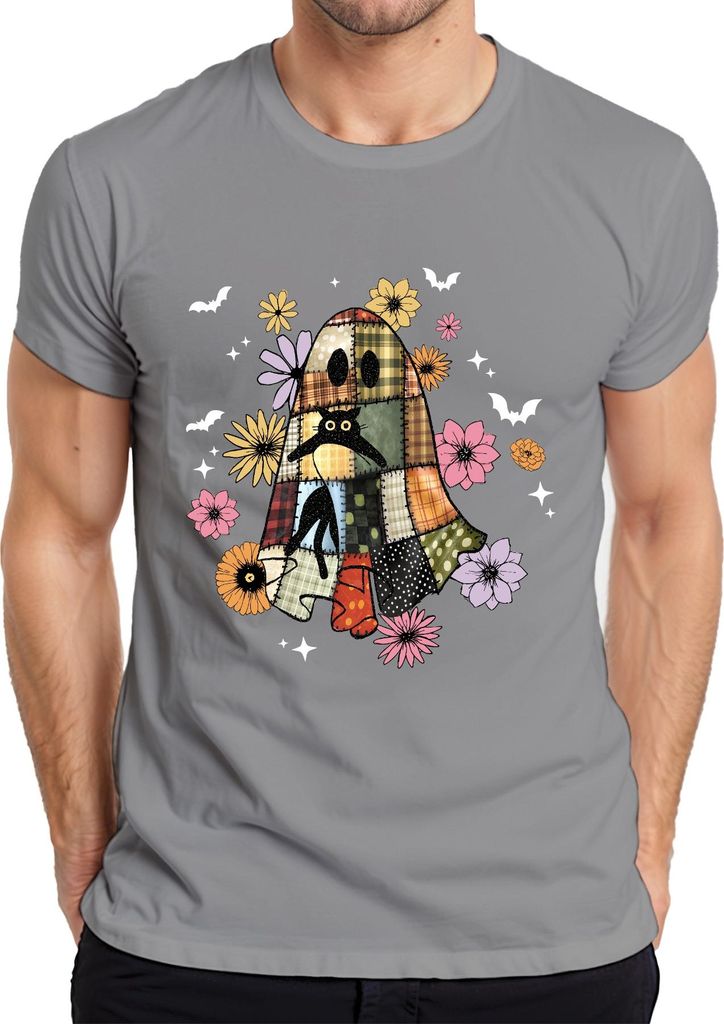 Halloween Geist Patchwork Katze Blumen Herbst Vintage Boho Sterne Herren T-Shirt, Grau, M