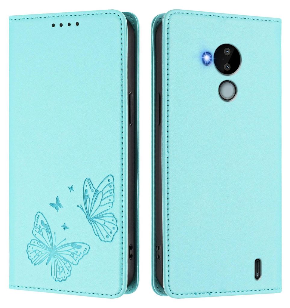 Lederhülle für Nokia C30, Schmetterling Prägung Leder Brieftasche Schutzhülle mit Ständer Türkis