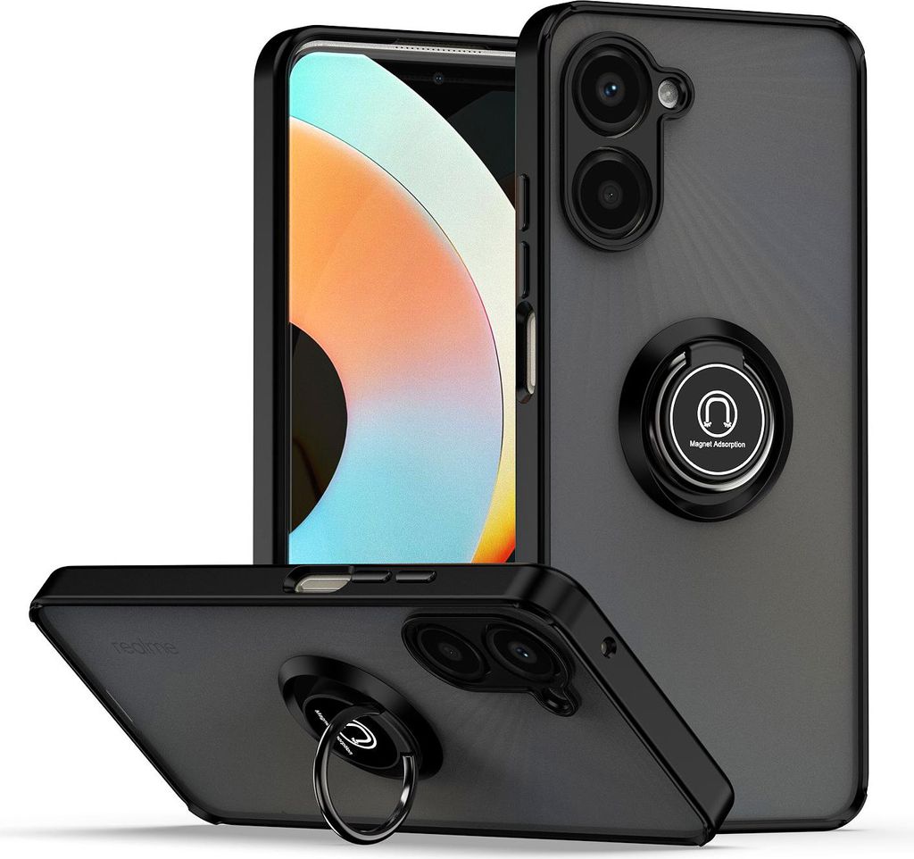 Hülle für Realme 10 Pro Matte Transluzent TPU Stoßfest Schutzhülle mit Ring Halter Ständer Schwarz