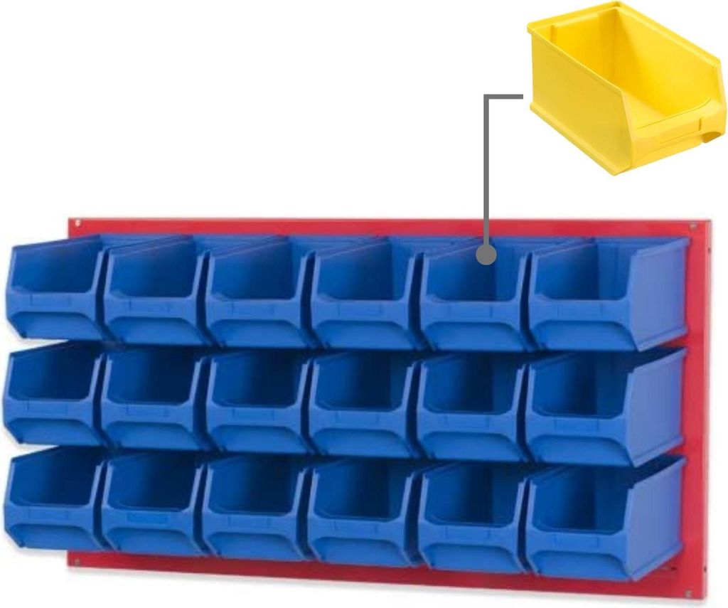 Trägersystem Rote Systemplatte mit 18x gelben Sichtlagerboxen 3.0 | Maße HxB 50x100cm | Sichtlagerbox, Sichtlagerbehälter, Sichtlagerkasten