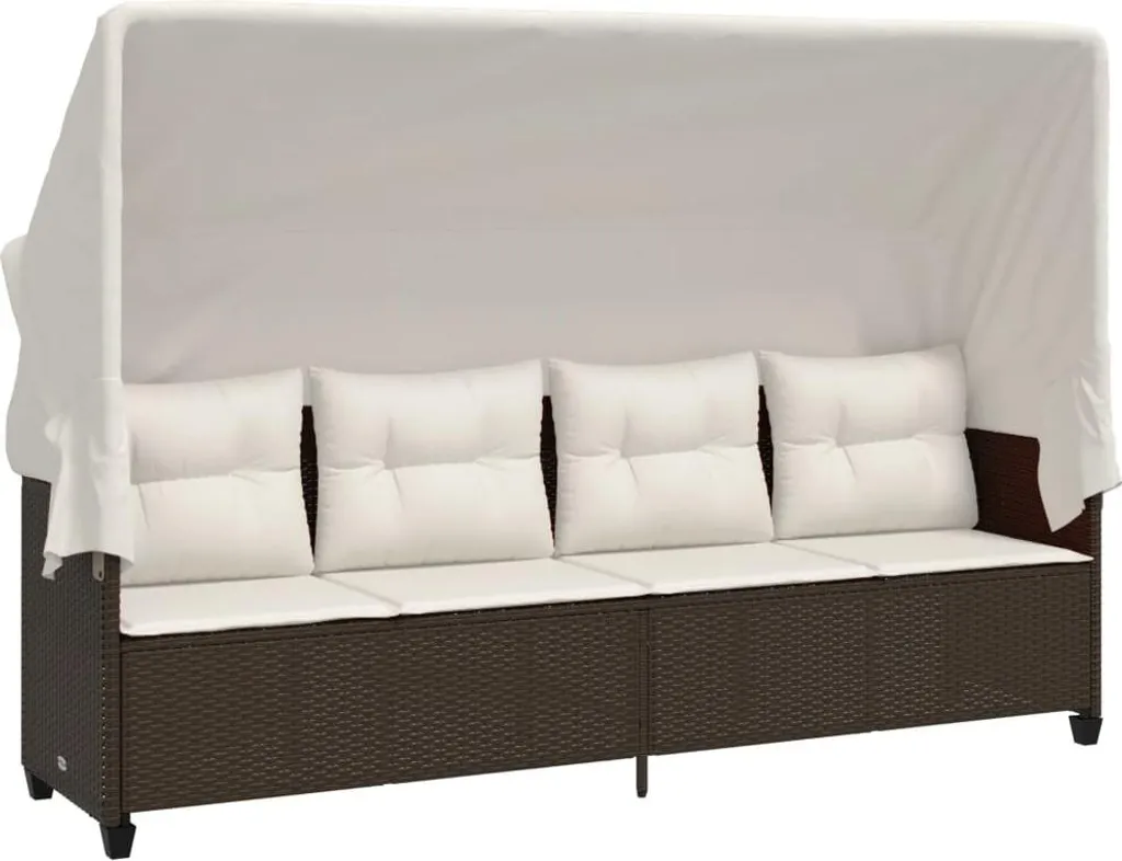 Chaise longue en poly rotin marron avec toit réglable et coussins doux