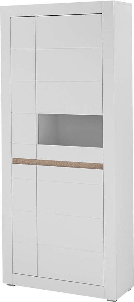 Wohnzimmer-Vitrinenschrank 85 cm breit, in weiß matt mit wechselbarer Griffleiste, 4-türig, modern CHAVES-61