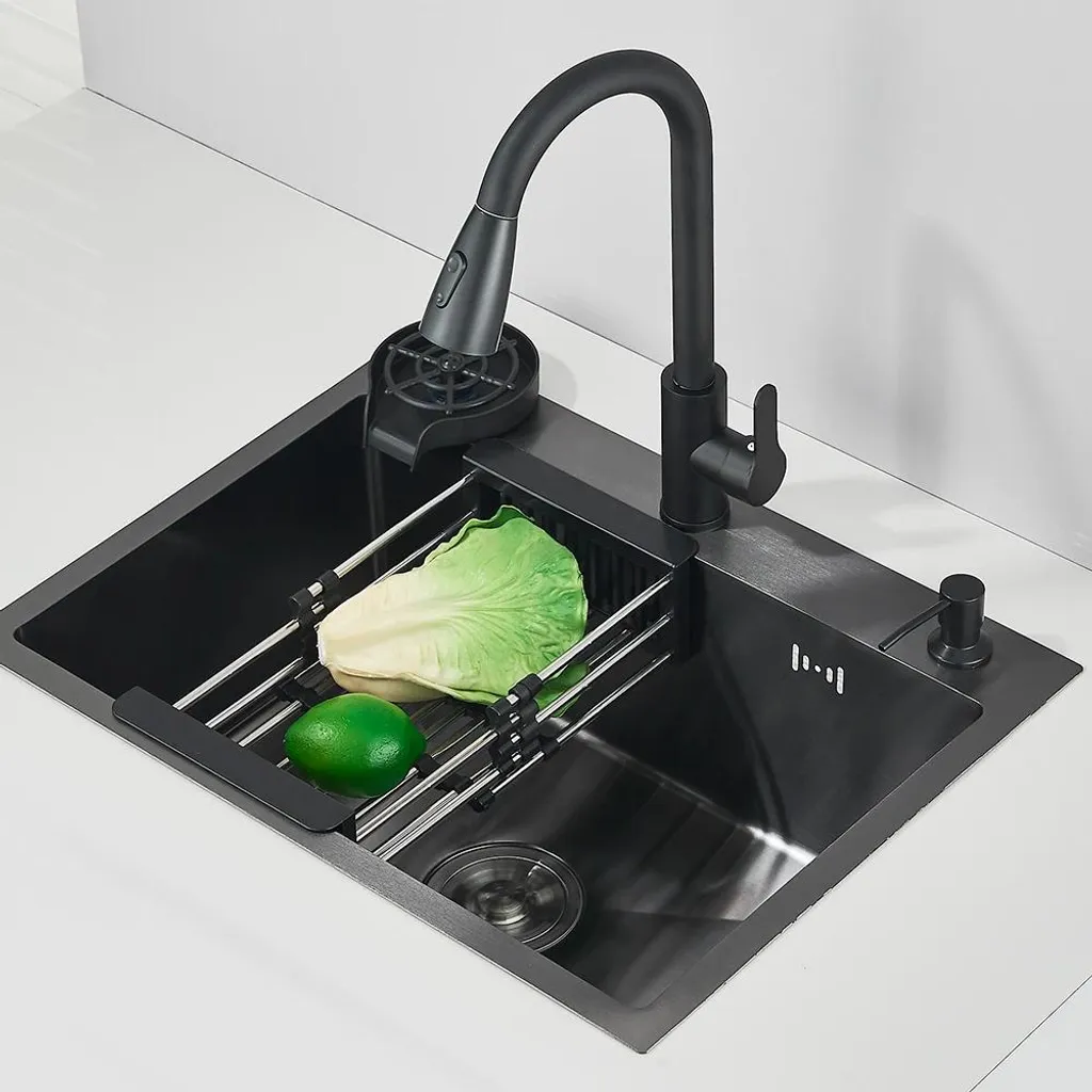 Évier Inox 304 Jaune 60cm avec robinetterie extractible et distributeur