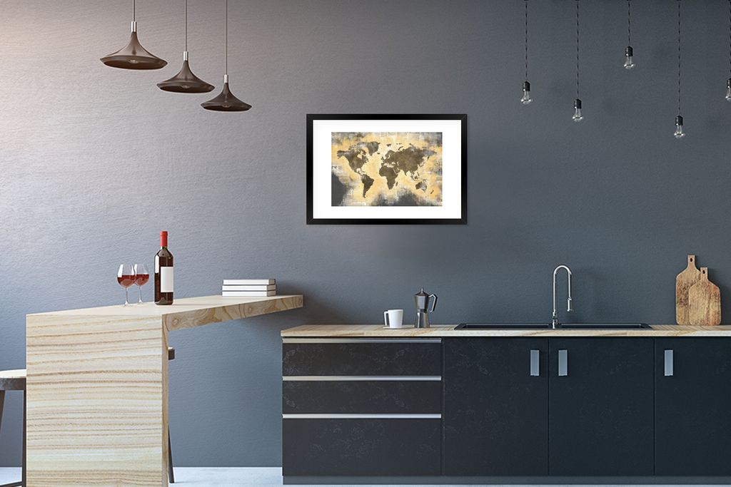 MuchoWow MuchoWow Gerahmtes Poster Weltkarte - Gold - Zeitung 60x40 cm - Poster mit zchwarzem Bilderrahmen - Schlafzimmer - Plakat in Rahmen - ...