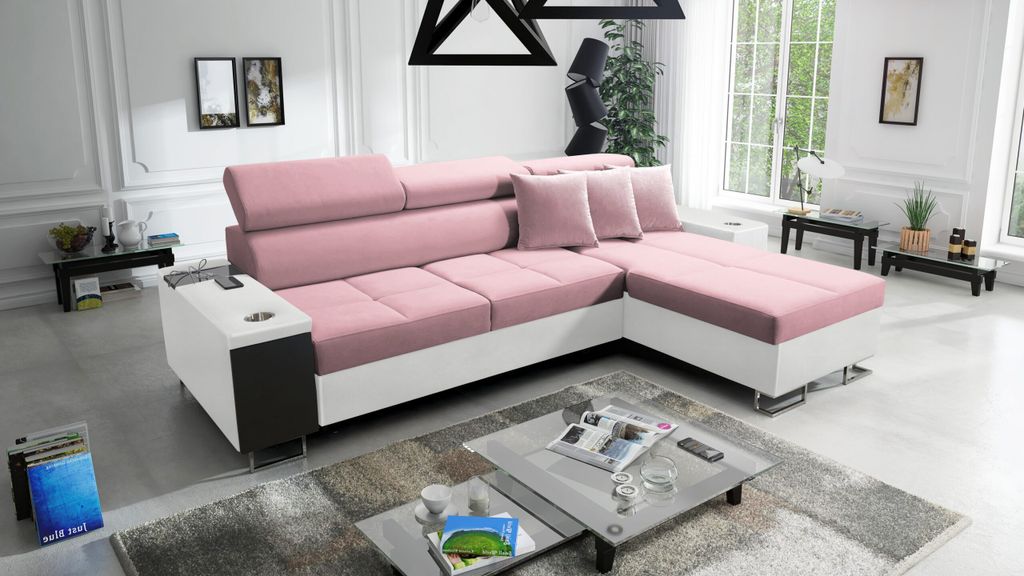 Kaiser Möbel Bequemes Ecksofa mit Schlaffunktion MORENA I MINI Kunstleder/Uttario Velvet Weiß/Rosa Rechts
