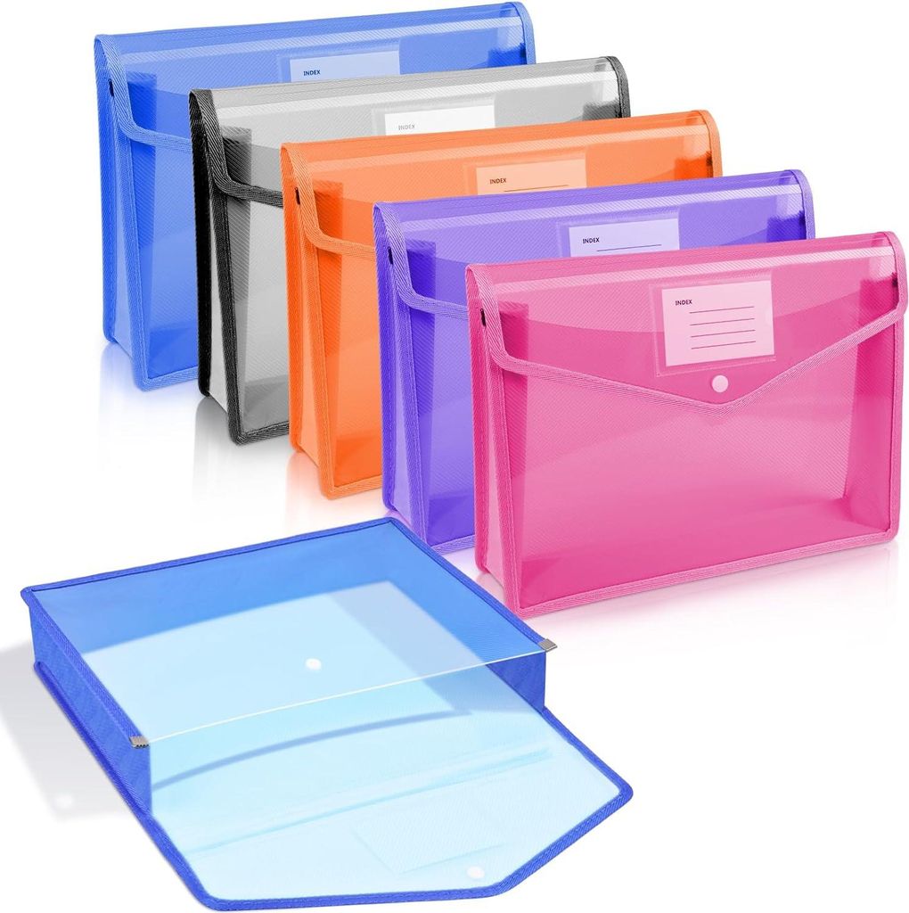 Kunststoff-Dokumentenmappen A4-Format - 5 Stück mit Klickverschluss - für Schule, Büro und Zuhause mit Kartensteckplatz - blau, lila, weiß, ros...