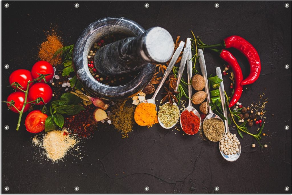 Wallario Outdoor-Poster für Garten oder Balkon, Motiv Mörser mit Kräutern und Gewürzen, in ca. 120 x 180 cm