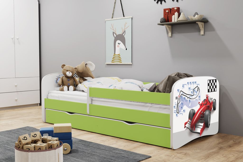 Kinderbett Jugendbett 80x180 cm Grün mit Matratze Rausfallschutz Schublade und Lattenrost Kinderbetten für Mädchen und Junge - Formel