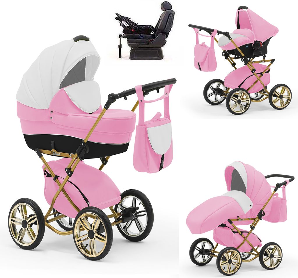 Klassischer Kinderwagen Sorento Gold 5 in 1 inkl. Sportsitz, Autositz und Iso Base in 19 Farben