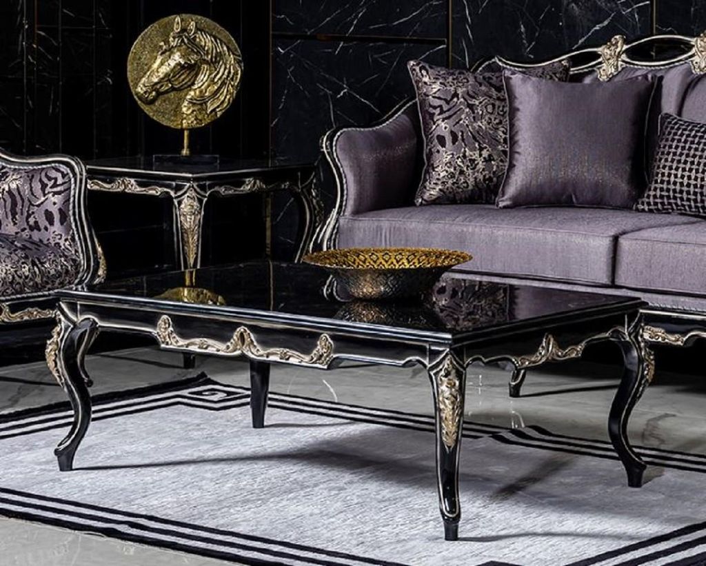 Casa Padrino Luxus Barock Couchtisch Schwarz / Gold - Handgefertigter Massivholz Wohnzimmertisch - Barockstil Wohnzimmer Möbel
