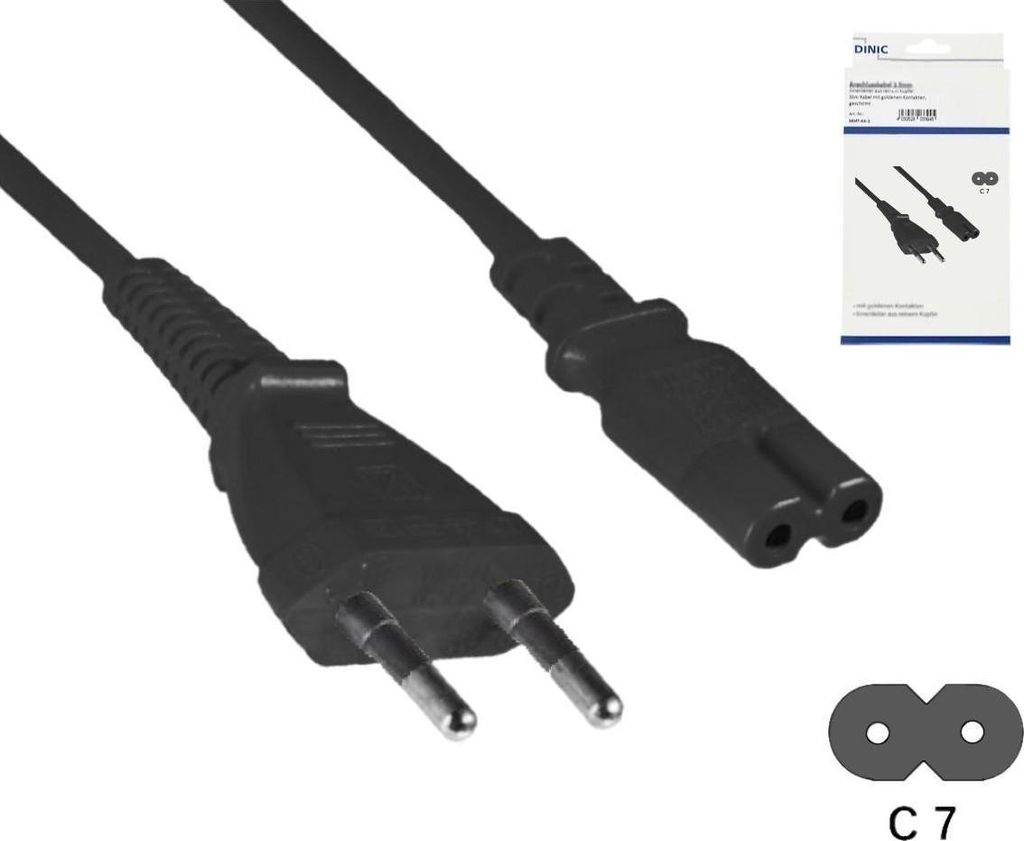 DINIC Netzkabel Eurostecker Typ C auf C7, 0,75mm², Eurostecker/IEC 60320-C7, VDE, schwarz, Länge 1,80m
