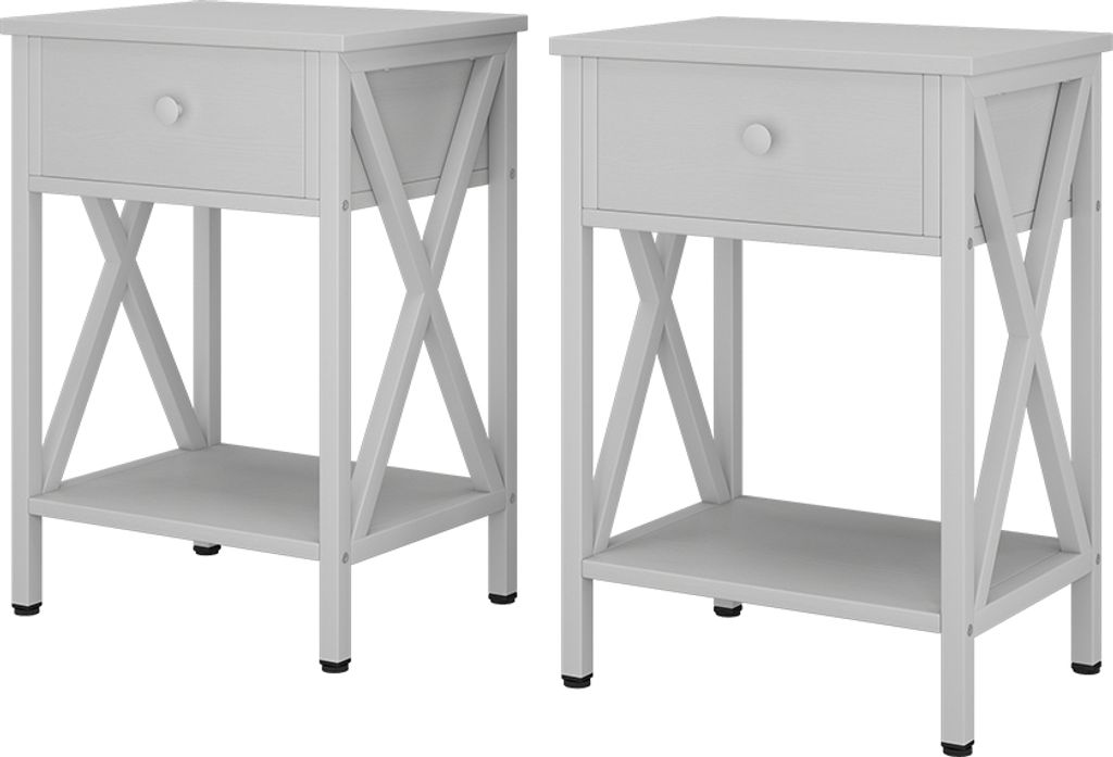 Two white nightstands are shown side-by-side against a white background.