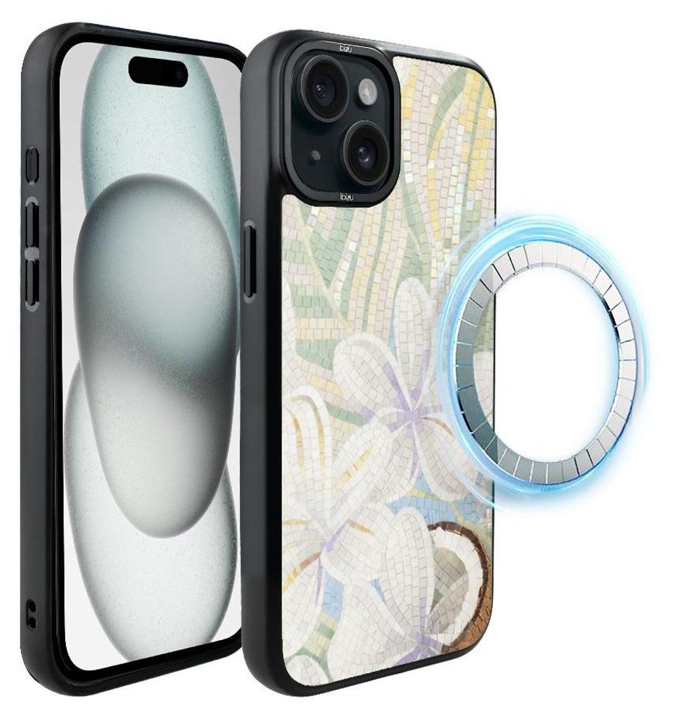 Schutzhülle für das iPhone 15 Plus, MagSafe-kompatibel, mattschwarze Seiten, Weiße Lilie, Mosaik