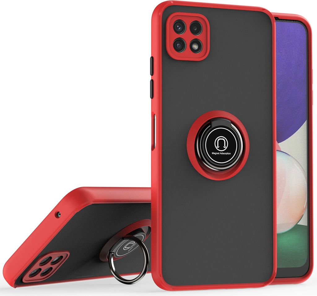 Samsung A22 5G Hülle, Ring Halter Ständer Matte Transluzent TPU Rahmen Stoßfest Schutzhülle für Samsung Galaxy A22 5G Rot