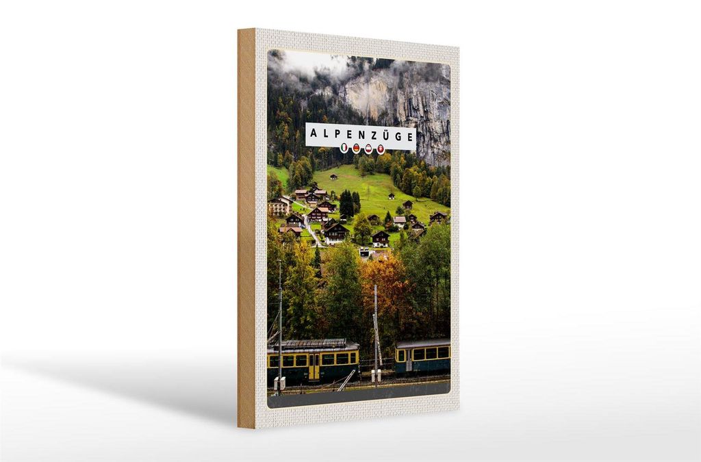 Holzschild Reise 20x30cm Alpenzüge Schweiz Bahn Tal Häuser Produktbild 
