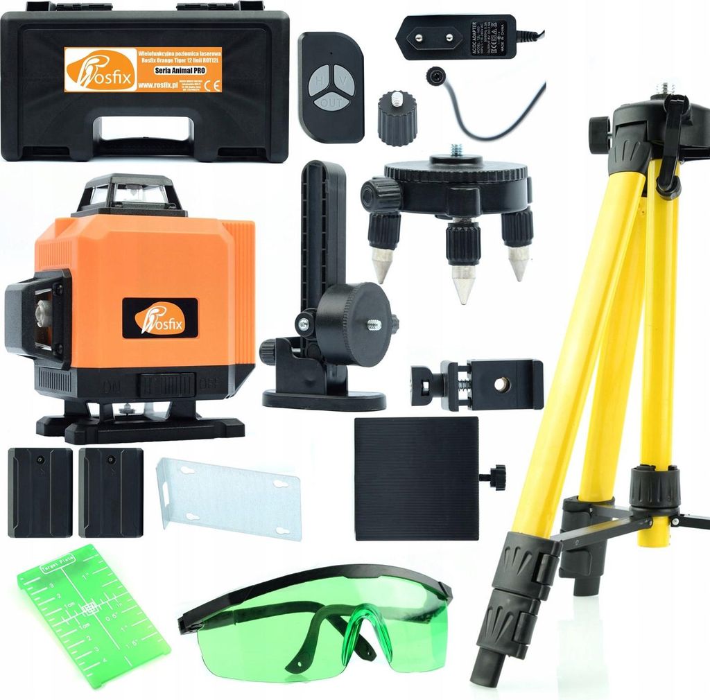 Rosfix Orange Tiger 12-Linien-Laserwasserwaage ROT12L im Koffer mit Set + Stativ 43-120cm für die Laserwasserwaage + Laserschutzbrille + Grünes S...