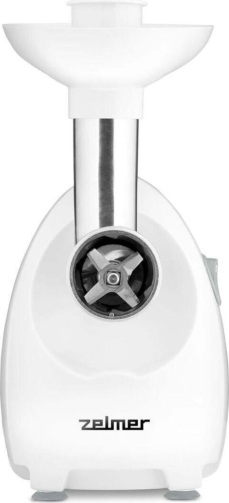 A white meat grinder is shown from the front on a white background.