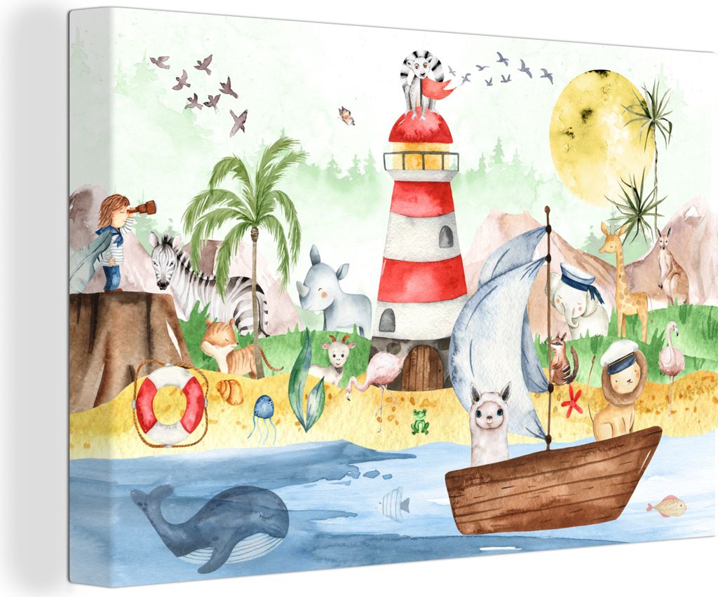 OneMillionCanvasses - Leinwandbilder - 150x100 cm, Strand - Tiere - Kinder - Leuchtturm - Jungen, Wandbilder Kunstdruck Wanddekoration - Foto auf...