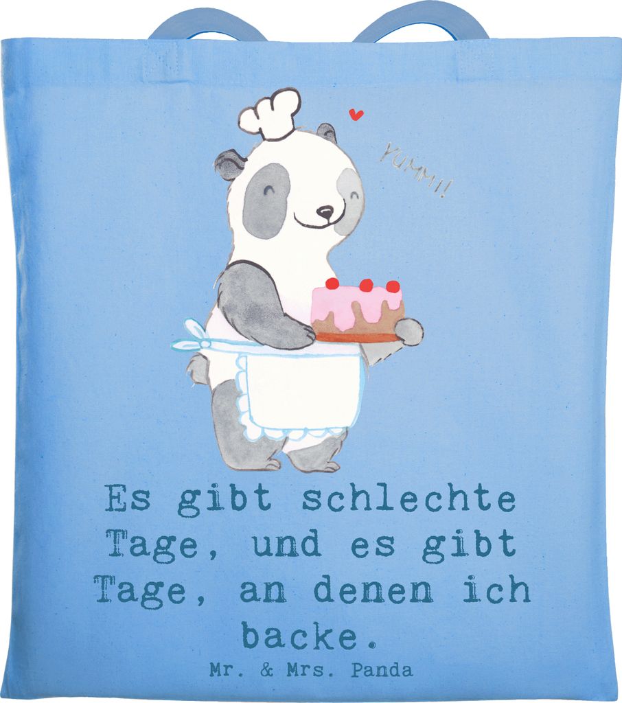 Mr. & Mrs. Panda Shopping Tasche Panda Backen - Sky Blue - Geschenk, umhängebeutel, Schultasche, Hobbybäcker, Tote Bag, Jutebeutel, Kuchen