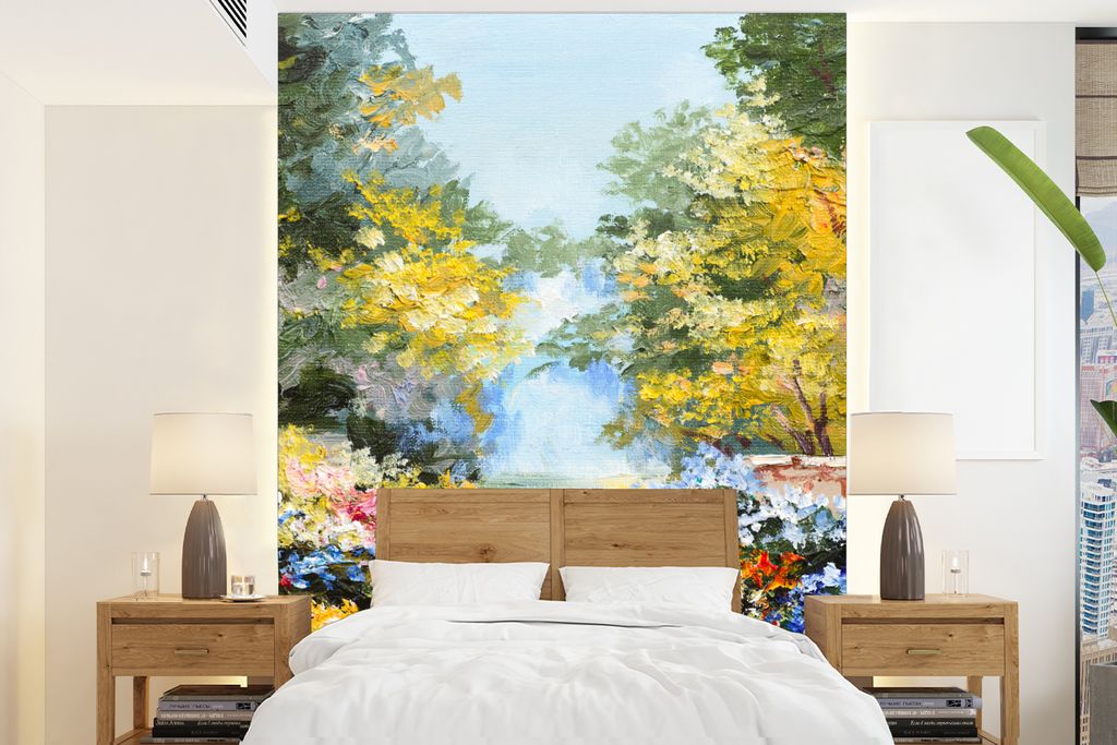 MuchoWow Fototapete für Wohnzimmer oder Schlafzimmer Wandtapete Vinyl Motivtapete Malerei - Blumen - Natur - Ölfarbe - 205x280 cm - Wandbild