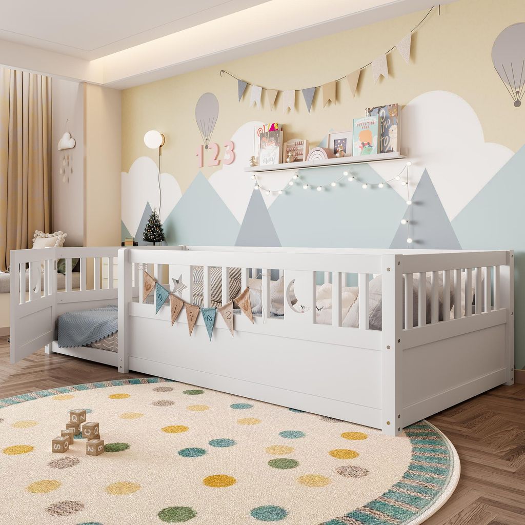 Merax kinderbetten 90x190 cm, Ohne Lattenrost, Stern- und Monddekoration, Sicherheitszaun, Bodenbett, Jugendbett, Flachbett, Massivholzbett, Weiß