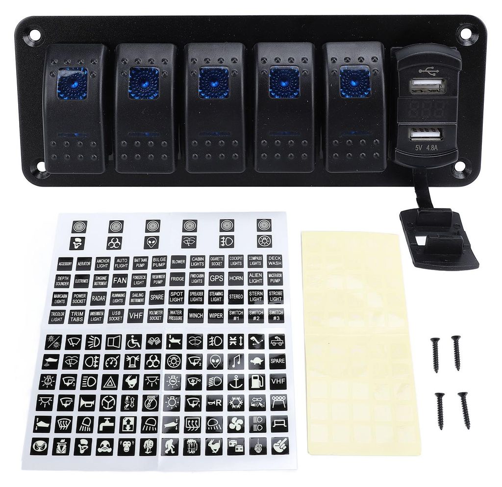 5-Gang-Wippschalterfeld mit 4,8 A Dual-USB-Ladegerät, Spannungsmesser, universell passend für DC 12 bis 24 V, PKW, LKW, Wohnmobil