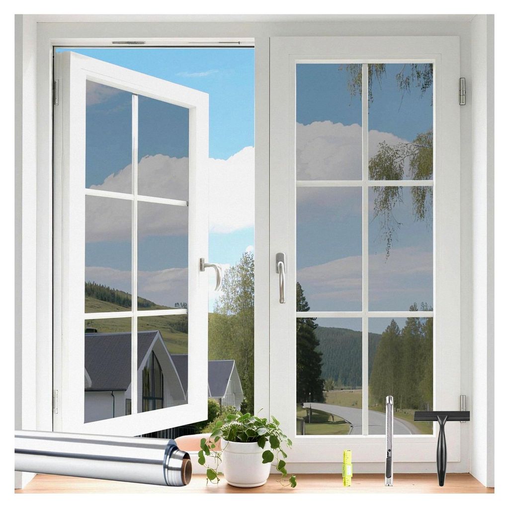 Blickdichte Fensterfolie von außen, Spiegelfolie für Sichtschutz, selbstklebend, hitzeisolierend und UV-beständig, silberfarben 90 x 200