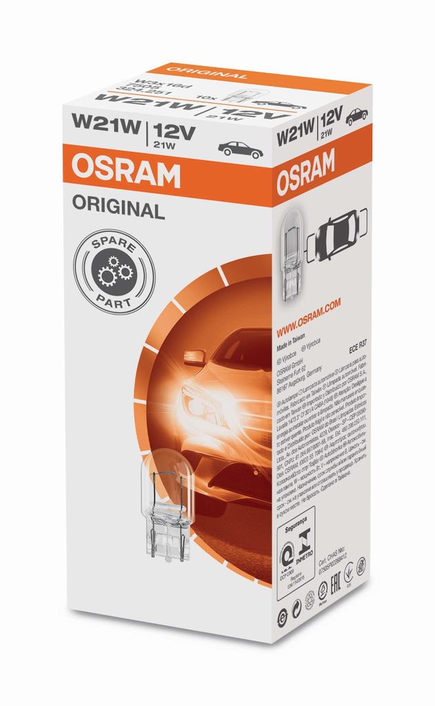 A product box for an Osram W21W 12V 21W light bulb.