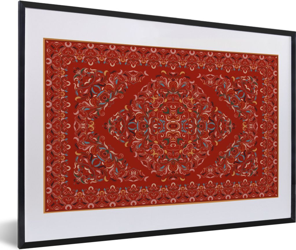 MuchoWow Gerahmtes Poster Persische Teppiche - Teppiche - Muster - Rot 60x40 cm - Poster mit Schwarzem Bilderrahmen Wandposter Rahmen Foto Bilder...