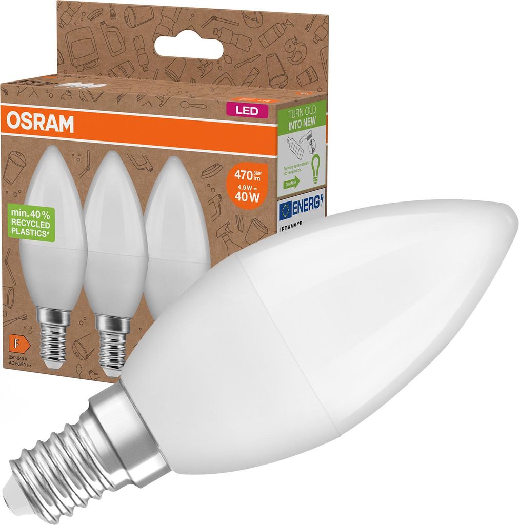 3x OSRAM LED-Lampe B37 Kerzenform E14 4,9 W = 40 W 470 lm 2700 K Warmweiß 220° PCR LAMPS Kerze B35
