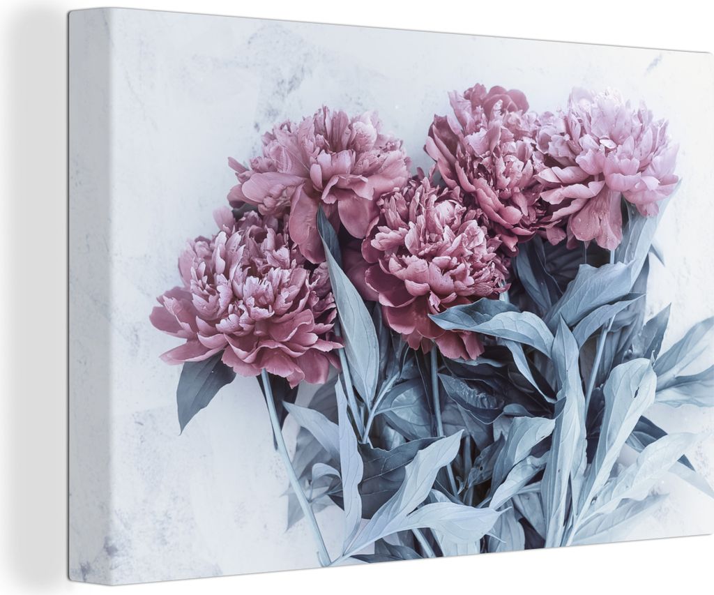 OneMillionCanvasses - Leinwandbilder - 150x100 cm, Rosa Pfingstrosen auf Marmor, Wandbilder Kunstdruck Wanddekoration