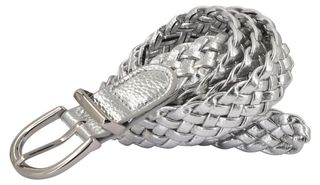 styleBREAKER Damen Flechtgürtel schmal aus Kunstleder | 2,8 cm breit | geflochtener Gürtel mit silberner Dornschließe | One Size 110 cm lang