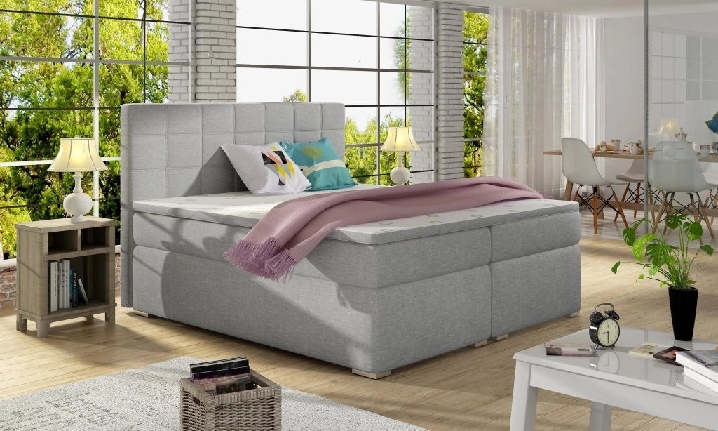 Boxspringbett mit Bettkasten 160x200 in Stoff und 5cm Topper - Bonell-Federkernmatratze H2/H3 Härtegrad - Mia (Hellgrau - Sawana 21)