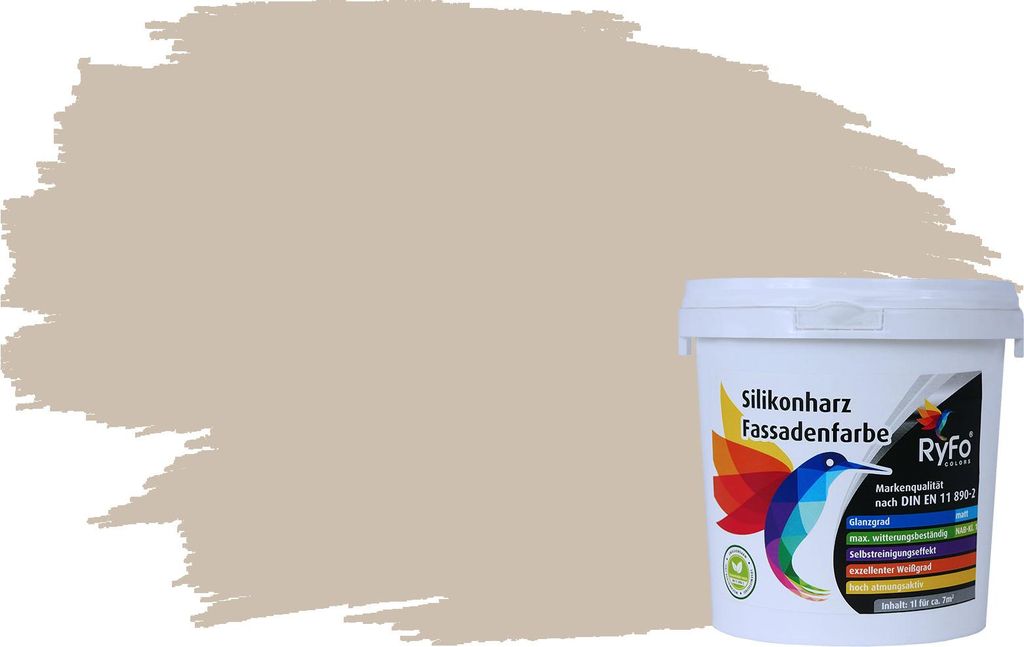 RyFo Colors Silikonharz Fassadenfarbe Lotuseffekt Trend Sandbeige 1l - bunte Fassadenfarbe, weitere Braun Farbtöne und Größen erhältlich, Deckk...