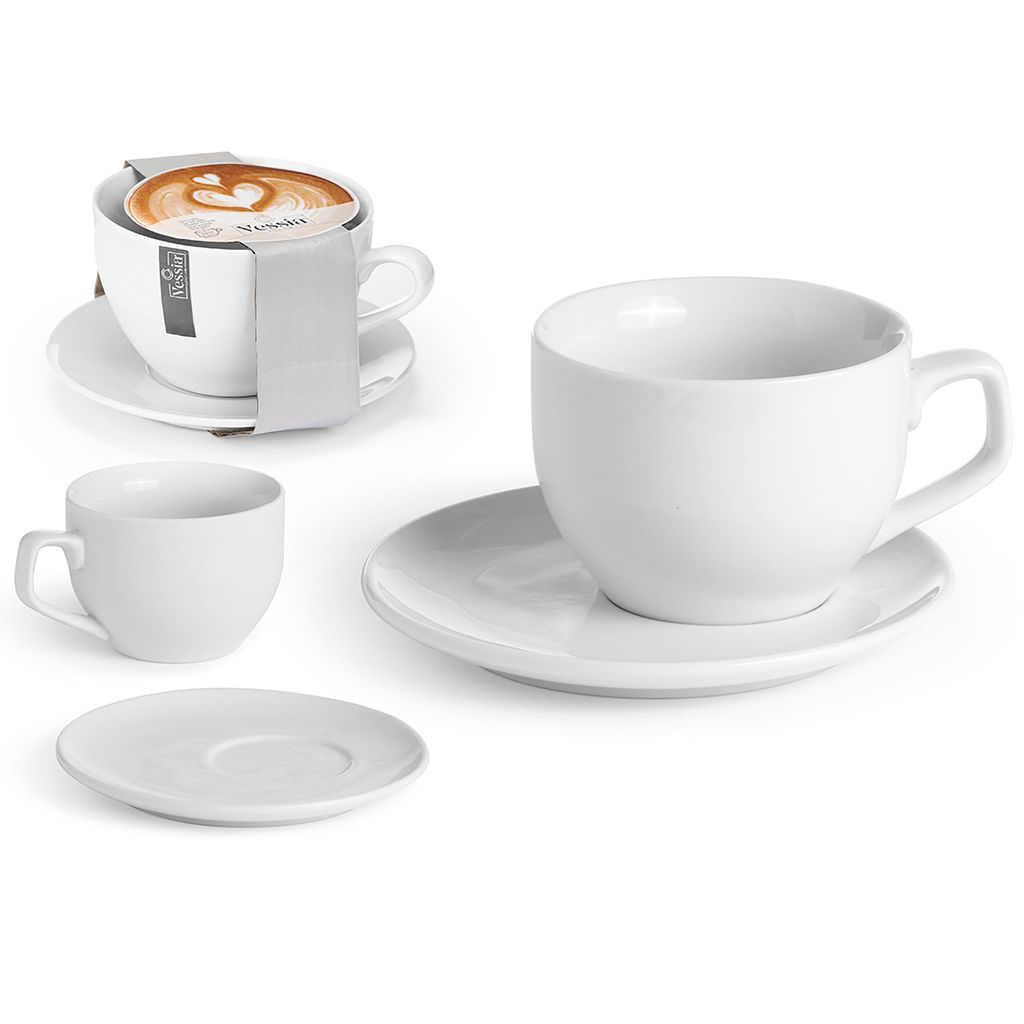 Porzellan Tassen Set 12 teilig 330 ml 6 Kaffeetassen mit Untertasse zeitloses Design weiß für Kaffee Tee Cappuccino Frühstück Geschirr Service