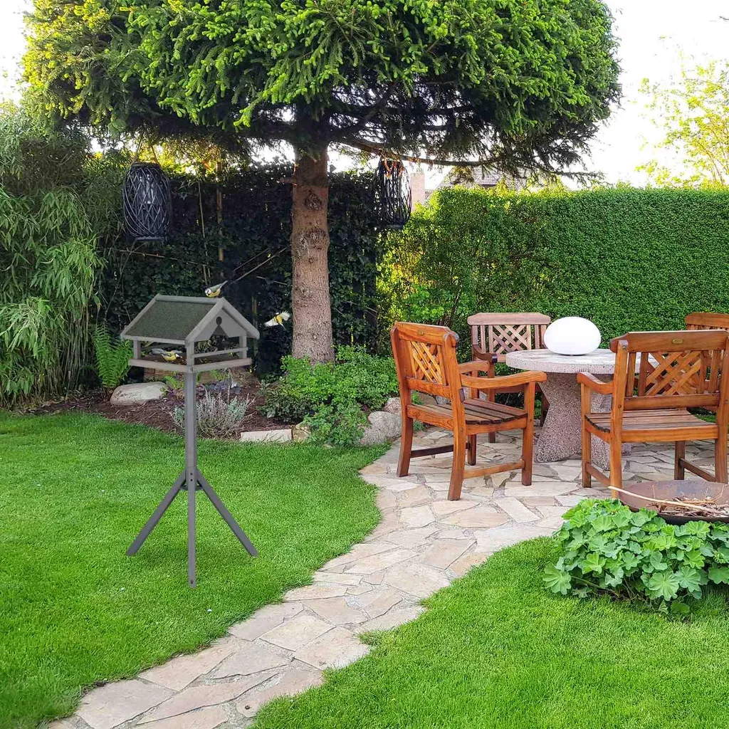 Table à oiseaux grise sur poteau stable - Bois robuste résistant UV