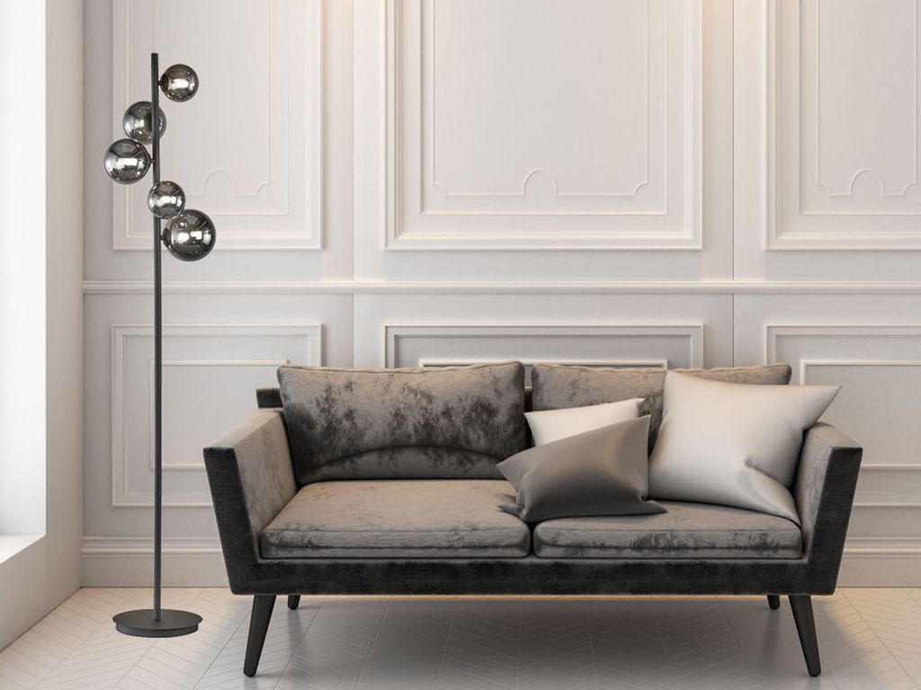 LED Stehleuchte mehrflammig Design Schwarz mit 5 Rauchglas Kugeln, Höhe 150cm
