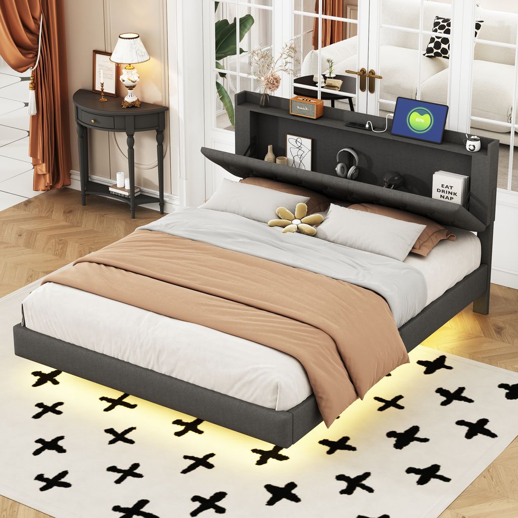Merax Polsterbett 160x200cm mit LED-Beleuchtung und USB-Anschluss, Doppelbett mit Schwebebettrahmen und Stauraumkopfteil, Stauraumbett, Leinen, Grau
