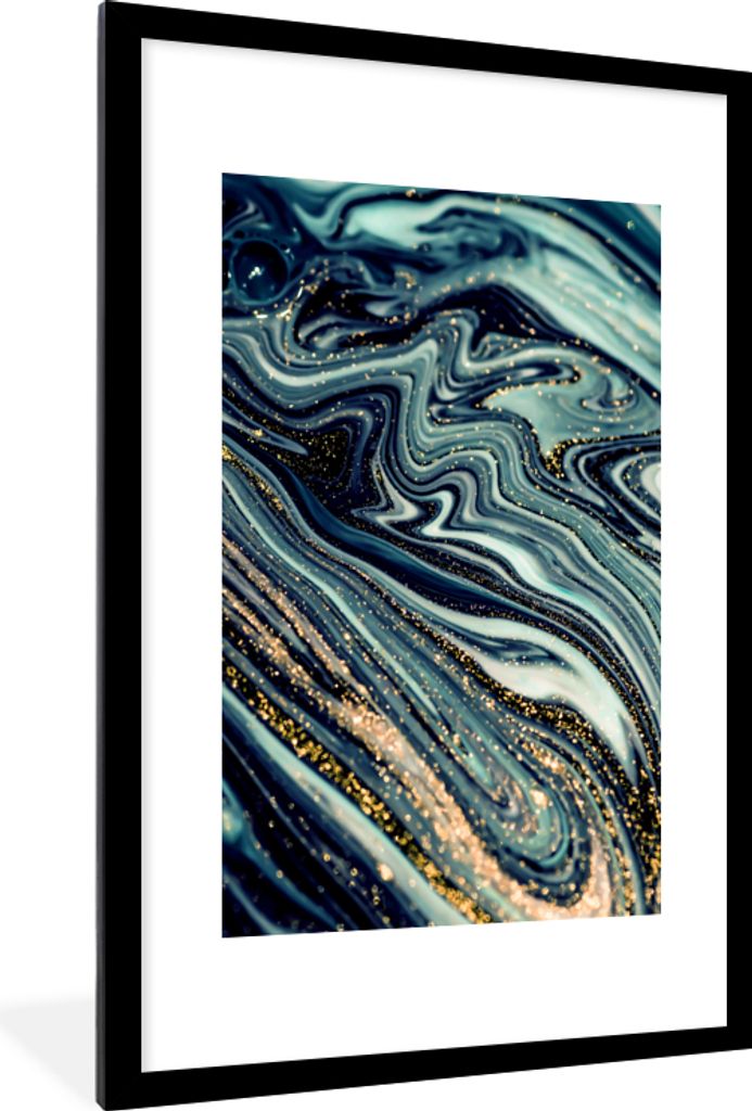 MuchoWow Gerahmtes Poster Marmor - Gold - Blau - Glitter - Marmoroptik - Abstrakt 60x90 cm - Poster mit Schwarzem Bilderrahmen Wandposter Rahmen ...