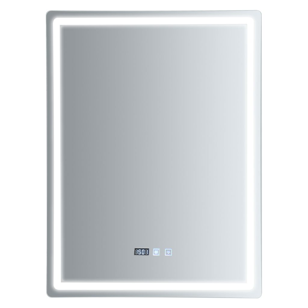A product shot of a rectangular LED bathroom mirror with a light frame.