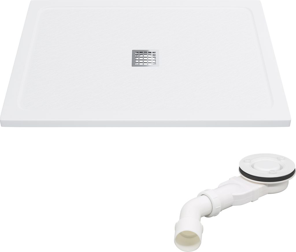 A white square shower tray with a silver drain cover is shown above a white drain assembly.
