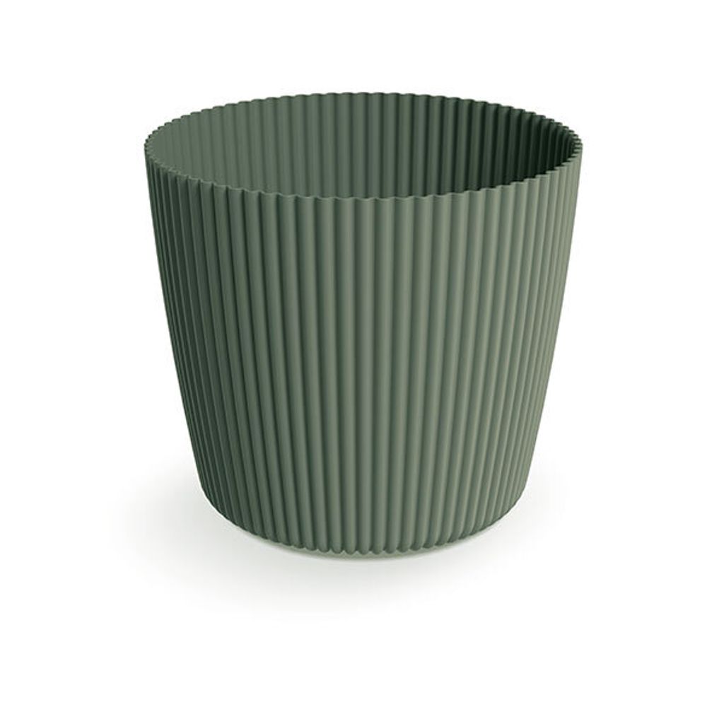 A green ribbed planter pot on a white background.