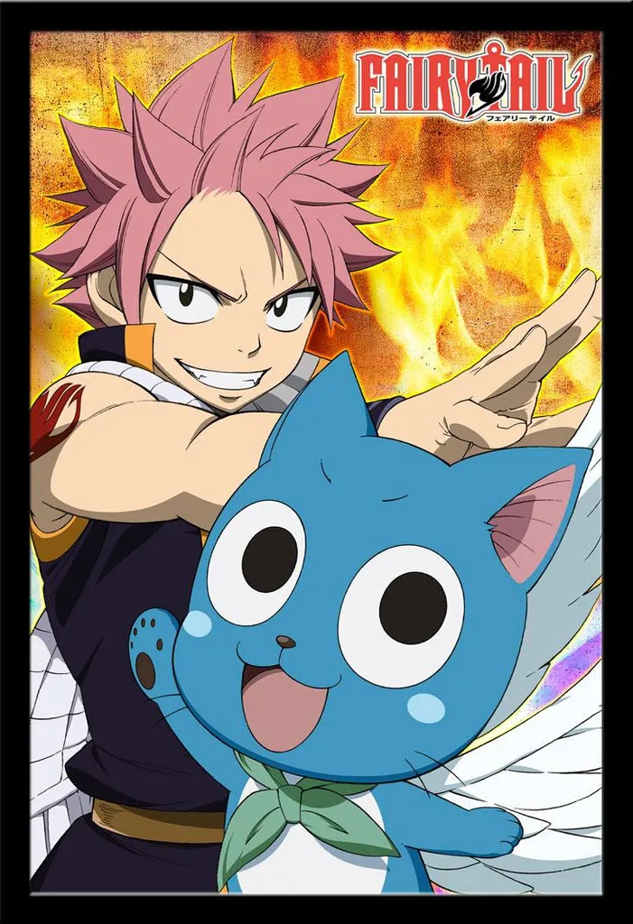 Fairy Tail - Poster - Natsu & Happy + cornice rimovibile, Shinsuke® Maxi MDF nero, disco acrilico