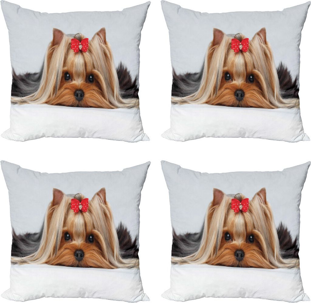 ABAKUHAUS Yorkie Kissenbezug Set (4 Stück), Liegender Hund Ribbon Liebe, Moderner Doppelseitiger Digitaldruck, 60 cm x 60 cm, Pale Caramel Sand Braun