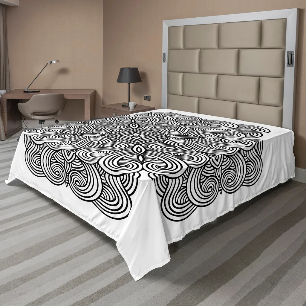 Grand drap plat décoratif style celtique rétro 275x260cm blanc et noir