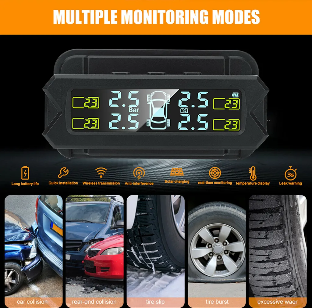 Auto Tpms Solar Wireless Tire Pressure Monitoring System Rilevamento della carica in tempo reale Monitor di facile installazione Nero - 3