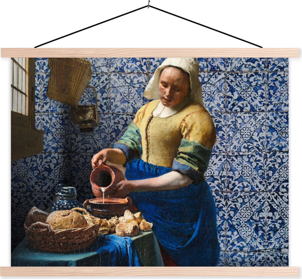 MuchoWow Textilposter Milchmädchen - Delfter Blau - Vermeer - Gemälde - Alte Meister 120x90 cm mit holzfarbenen Rahmen - Magnetisch