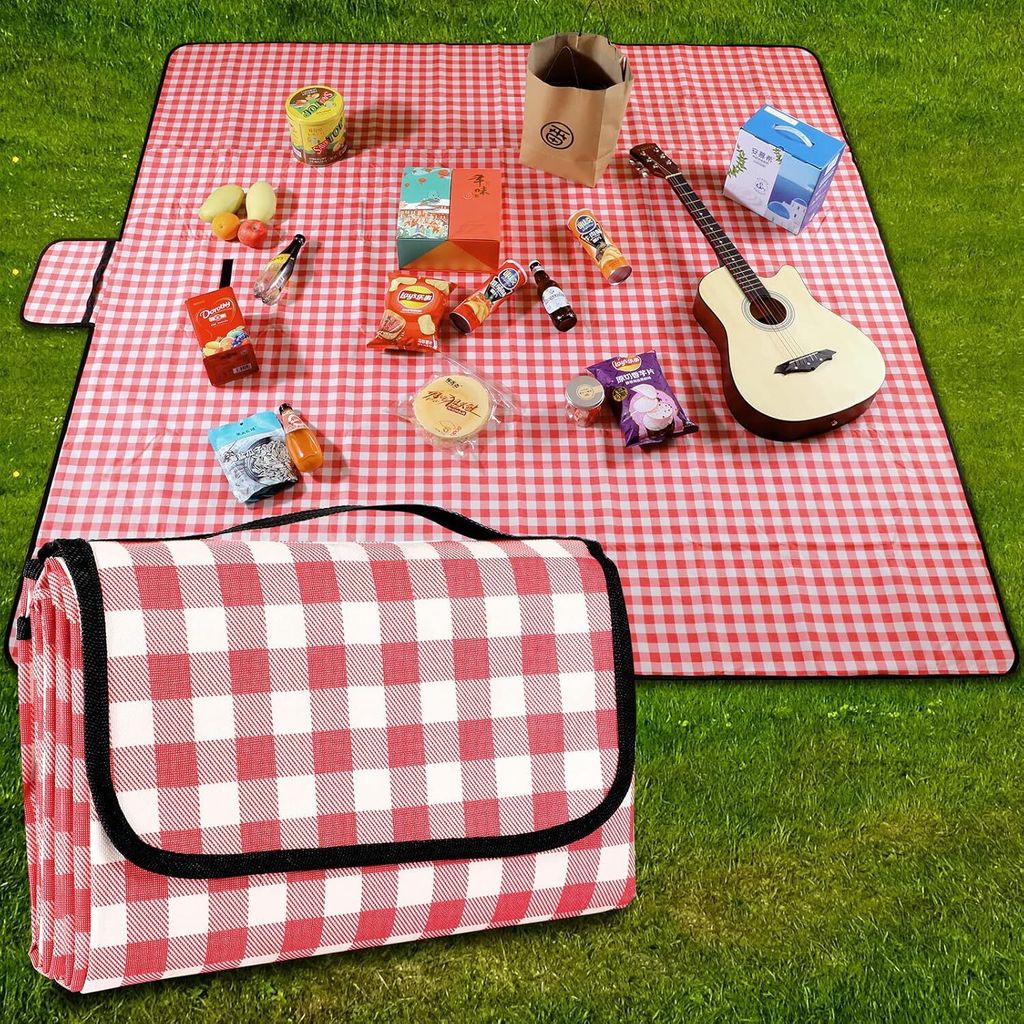 Picknickdecke 200 cm x 200 cm, wasserdicht, Stranddecke, Picknick-Matte, waschbar, leicht, mit Griff, rot kariert, für Wandern, Reisen, Outdoor, C...