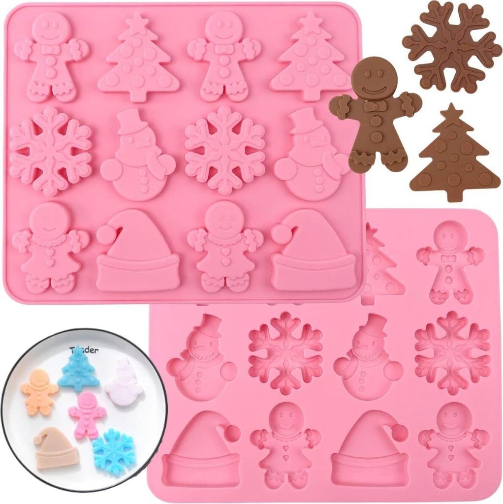 1 Stück Silikon-Weihnachts-Schokoladenformen, Lebkuchenmann, Weihnachtsbaum, Schneeflocke, Schneemann und Weihnachtsmütze, 3D-Schokolade, Süßig...